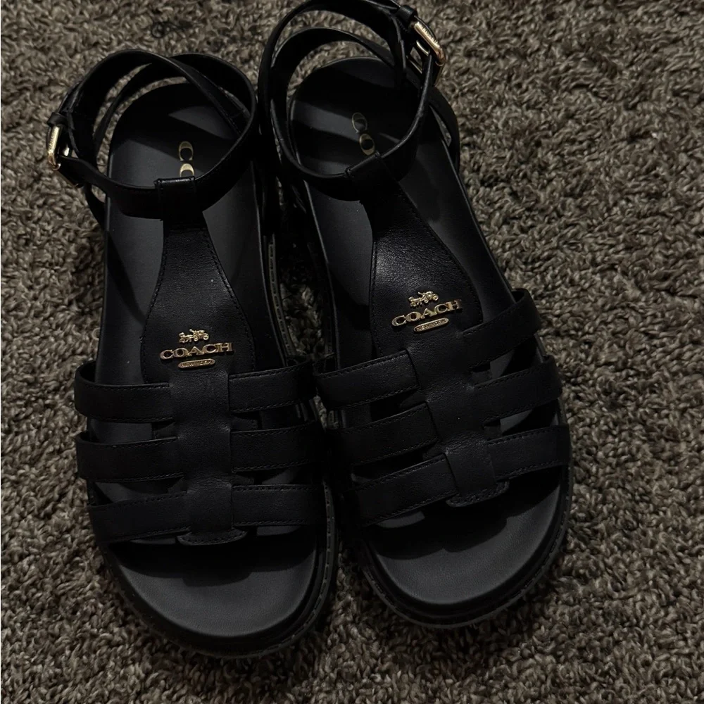 Coach Black Leather Strappy Sandals with Gold Logo